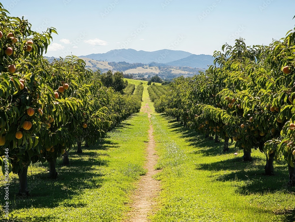 Naklejka premium Serene Orchard Landscape with Lush Green Foliage and Rows of Peach Trees Under Clear Blue Sky in Scenic Mountain View