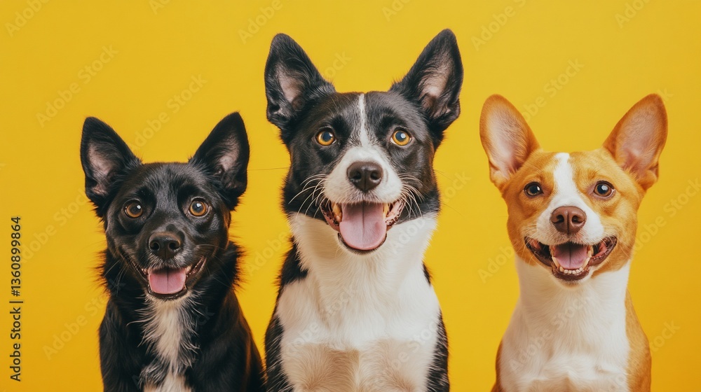 Obraz premium Three adorable dogs smiling together on a vibrant yellow background