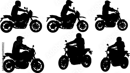 set of Drawing of a Biker on a Strong Motorcycle - Black and White Illustration with a American Rider from a Frontal View Isolated on a White Background, Vector