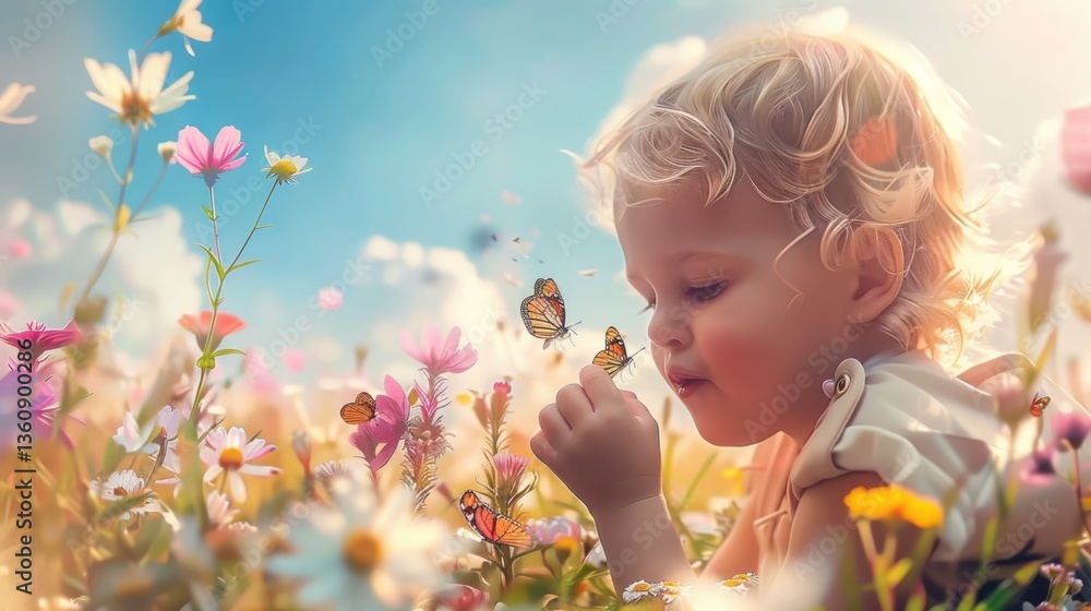 Child in a Field of Flowers with Butterflies Nature Photography Childhood Innocence Outdoor Child in a Field of Flowers with Butterflies Nature Photography Childhood Innocence Outdoor