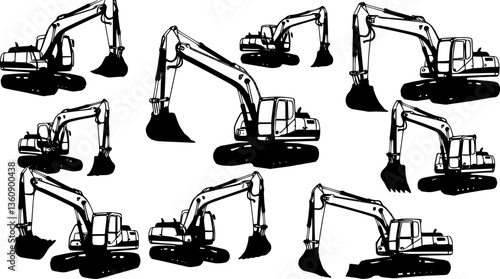 set of Excavator Black and White Outlined Illustration, Vector
