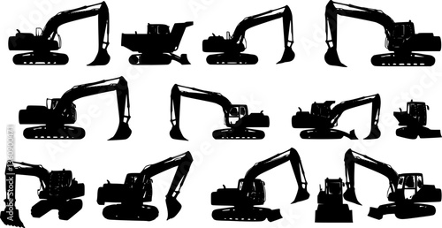 set of Excavator Black and White Outlined Illustration, Vector
