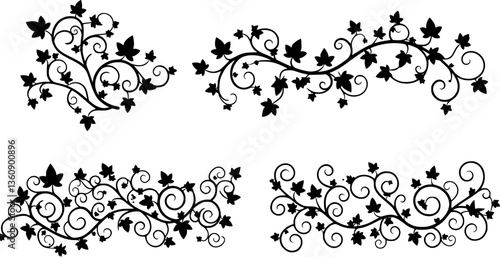 vector illustration, seamless pattern, decorative black and white curly ivy branches with leaves
