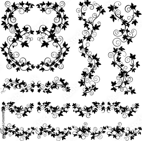 vector illustration, seamless pattern, decorative black and white curly ivy branches with leaves
