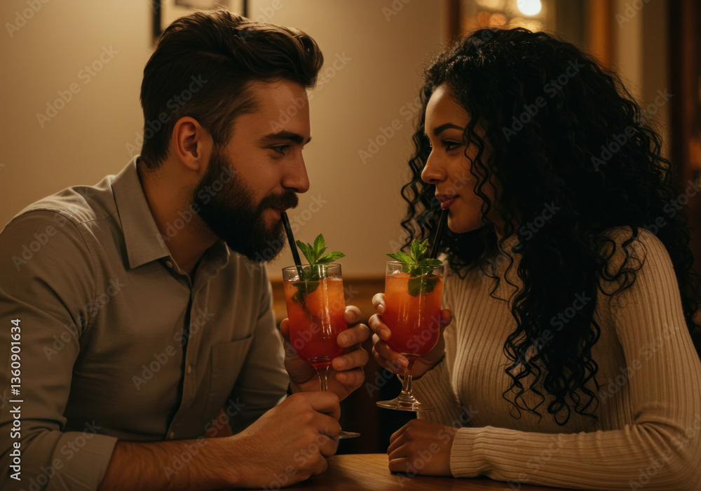 Man and woman sit at table with drinks, engaged in conversation. Bright cafe setting with window view.