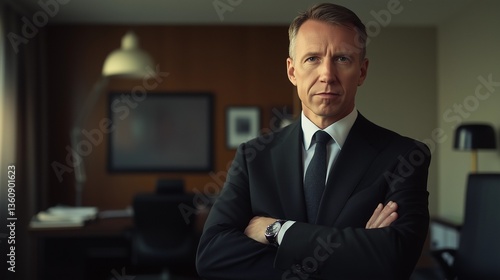 The image is a medium shot portrait of a middle-aged Caucasian man in a dark-colored business suit and tie. His arms are crossed over his chest. He has a serious expression on his face.  The