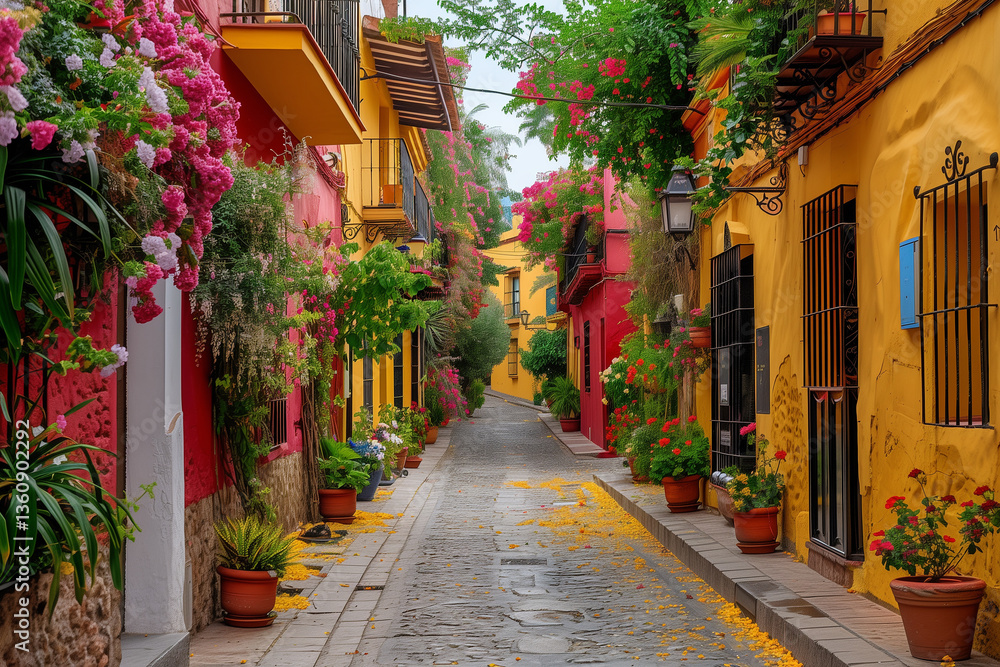 Obraz premium Narrow cobblestone street lined with colorful buildings and lush green plants in flower pots.