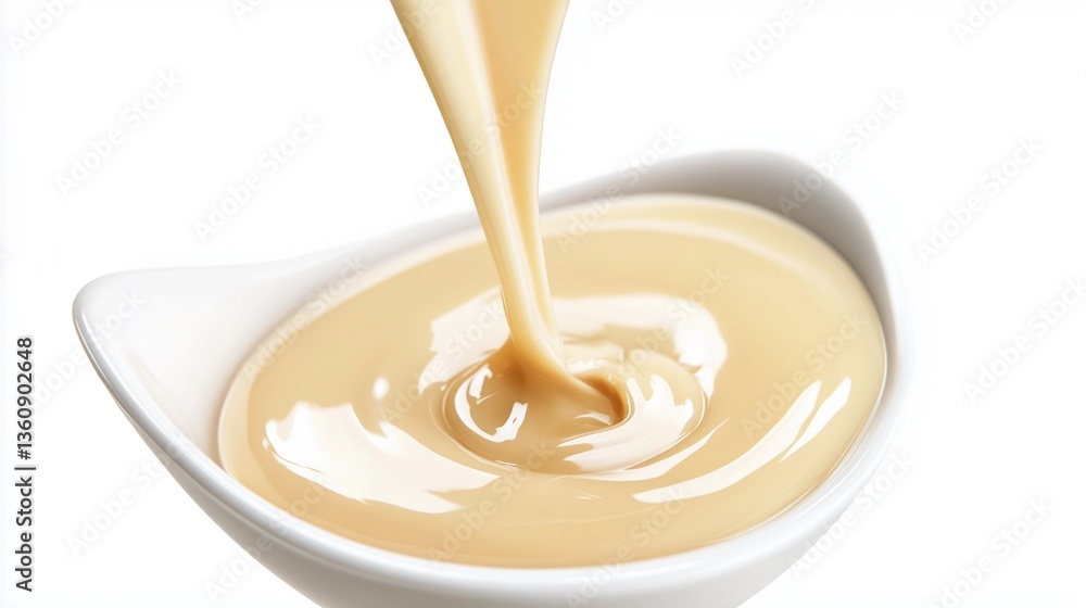 High-angle, close-up studio shot depicting a creamy, light beige liquid being poured into a small, sleek white bowl. The liquid creates a swirling motion as it enters the bowl, showcasing its smooth, High-angle, close-up studio shot depicting a creamy, light beige liquid being poured into a small, sleek white bowl. The liquid creates a swirling motion as it enters the bowl, showcasing its smooth,