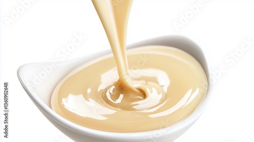 Wallpaper Mural High-angle, close-up studio shot depicting a creamy, light beige liquid being poured into a small, sleek white bowl. The liquid creates a swirling motion as it enters the bowl, showcasing its smooth, Torontodigital.ca