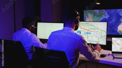 Two dispatchers tracking cargo routes on digital maps