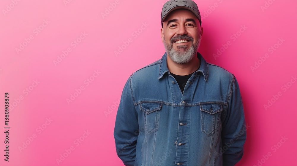 Obraz premium A medium shot depicts a middle-aged man with graying hair and a beard, wearing a denim shirt and a baseball cap. His hands are in his pockets. He's smiling broadly, demonstrating a joyful expression.