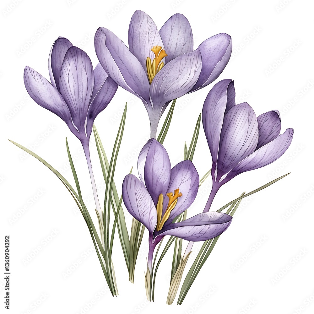 Naklejka premium Watercolor Purple Crocus Isolated on White Background. Beautiful Crocus Flower