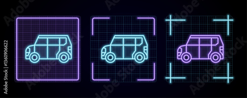 Minivan illustration, cyber neon visual, glowing border grid vector.	