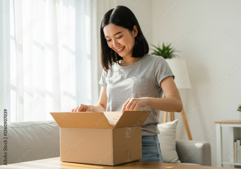 Woman packing a box on couch, surrounded by moving supplies, books, and plants. Sunlight streams through window, casting soft shadows. Woman packing a box on couch, surrounded by moving supplies, books, and plants. Sunlight streams through window, casting soft shadows.