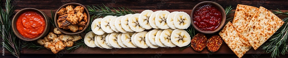 Food lay flat Sliced bananas served with crackers, chips, and dips on a wooden board Food lay flat Sliced bananas served with crackers, chips, and dips on a wooden board