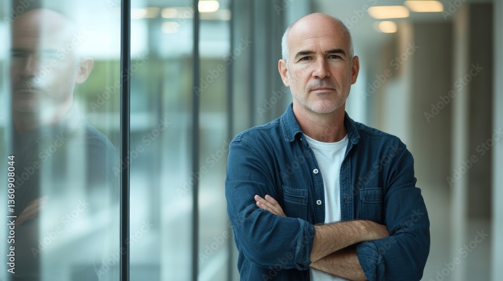 Fototapeta premium Confident mature caucasian male standing with arms crossed indoors