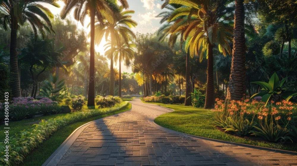 Obraz premium Sunlit Tropical Pathway Through Lush Greenery and Palm Trees Ideal for Nature Travel and Rel