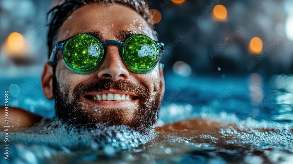Fototapeta premium A happy man submerged in clear water wears playful green sunglasses, representing enjoyment and the blissful moments of life despite surrounding chaos and challenges.