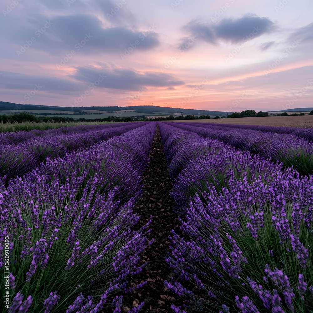 Naklejka premium Lavender field sunrise, rows, countryside, tranquil, calm, summer