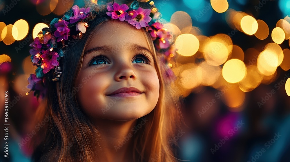 A happy young girl wearing a flower crown gazes wonderingly at twinkling lights, capturing the essence of childhood joy, innocence, and enchantment in a whimsical, magical environment. A happy young girl wearing a flower crown gazes wonderingly at twinkling lights, capturing the essence of childhood joy, innocence, and enchantment in a whimsical, magical environment.