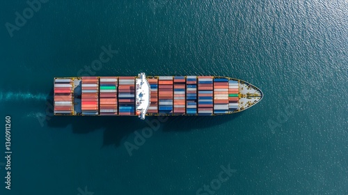 Shipping vessel transports colorful containers across tranquil blue waters at midday in a bustling harbor