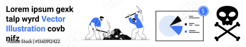 Two figures fighting with tools, a financial pie chart, and a skull icon. Ideal for conflict, finance, danger, ethics, disputes, teamwork and simple landing page