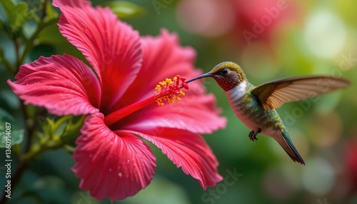 Hummingbird Feeding on Hibiscus Flower – Nature's Tiny Wonder