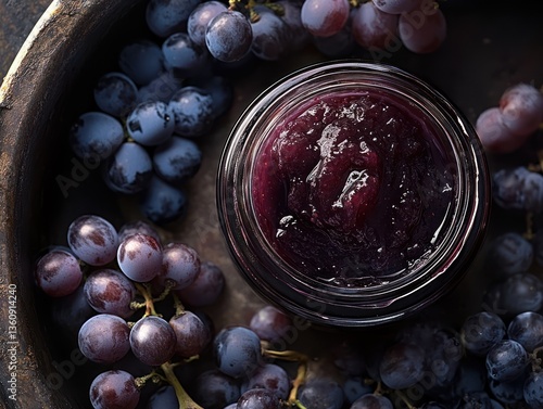 Dark purple grape jam in a glass jar, surrounded by fresh grapes