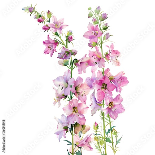 Watercolor Pink Delphinium Isolated on White Background. Beautiful Delphinium Flower