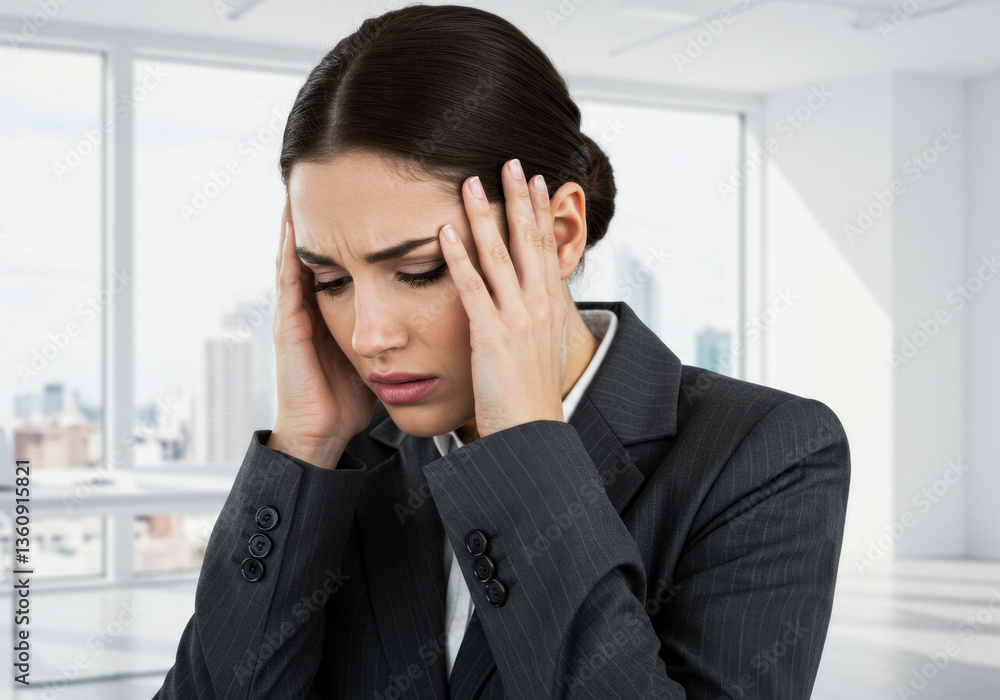 Woman in suit holding head with hands, looking stressed in office setting. Woman in suit holding head with hands, looking stressed in office setting.