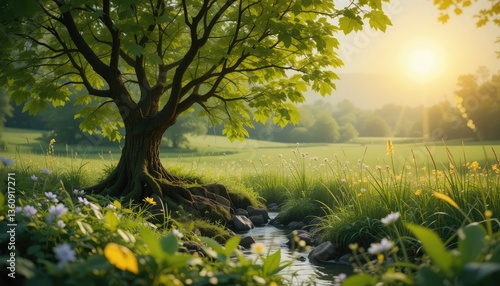 Tranquil Nature Scene with Tree, Flowing Stream, and Sunset – Peaceful Countryside View