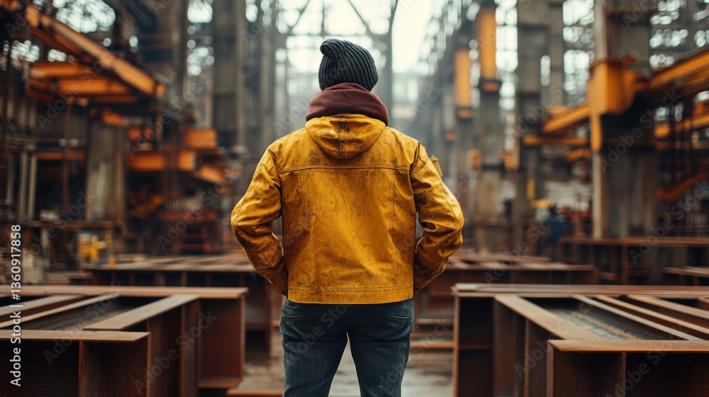 Man in yellow jacket standing in industrial factory. Man in yellow jacket standing in industrial factory.