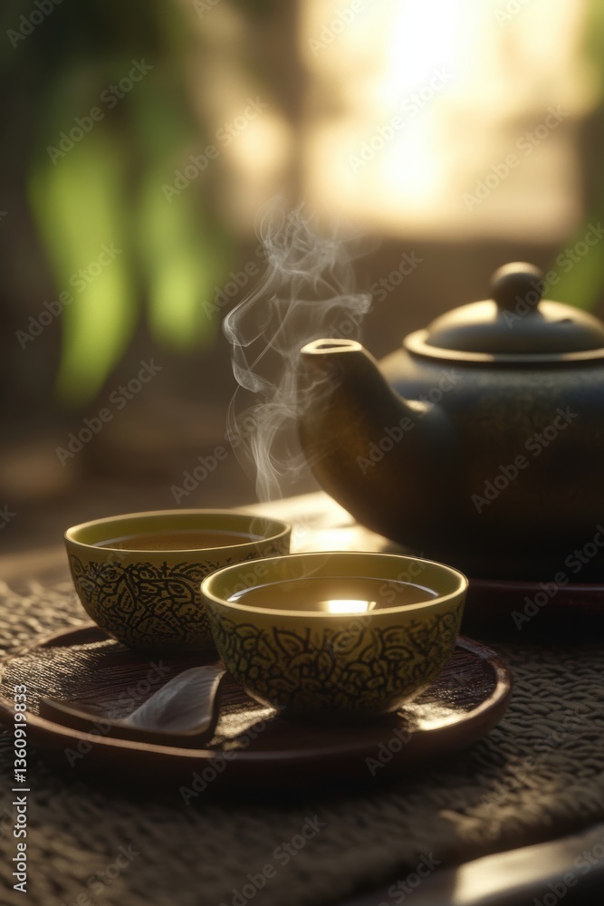 Hot tasty tea is served in outdoors enviroment. Healthy drink. Relaxation.