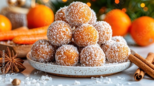 Sweet, round treats rolled in coconut decorate a festive table, with bright oranges and warm spices nearby, creating an inviting atmosphere for winter festivities and gatherings.