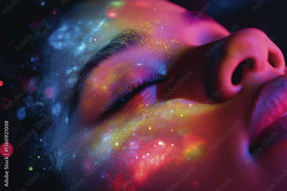 Fototapeta premium Woman's Face with Colorful Sparkling Cosmic Makeup and Eyes Closed, Fantasy Beauty