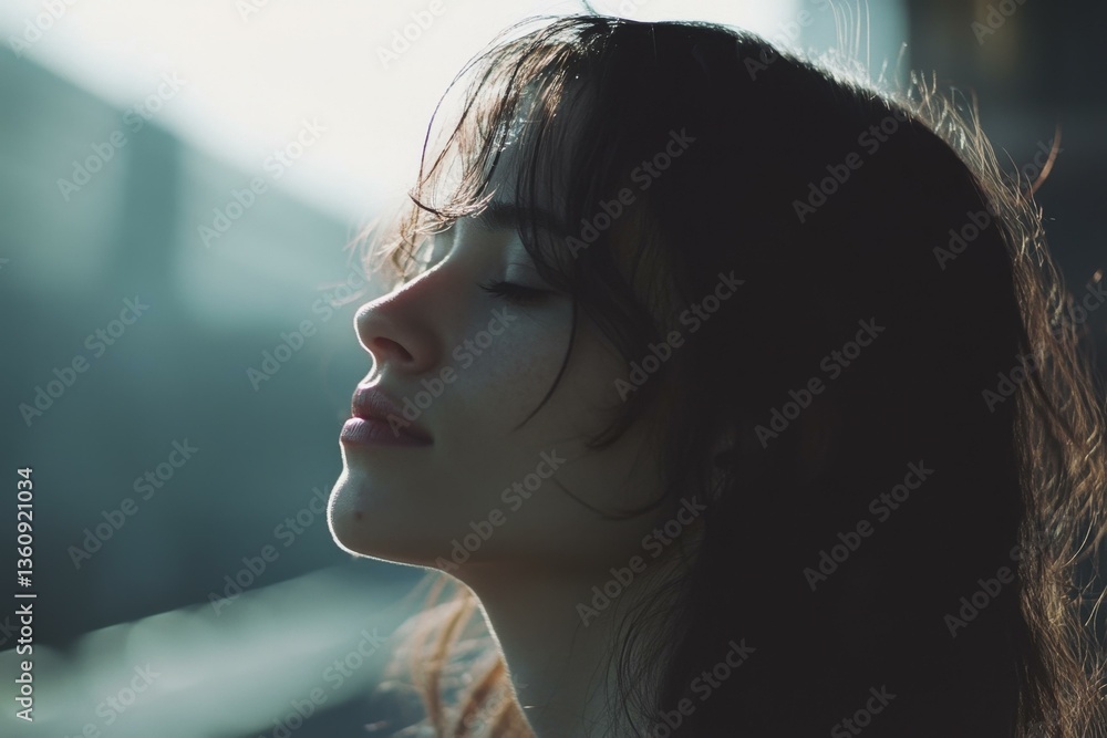 Serene Young Woman with Dark Hair Basking in Sunlight, Closed Eyes, Headshot Profile Serene Young Woman with Dark Hair Basking in Sunlight, Closed Eyes, Headshot Profile
