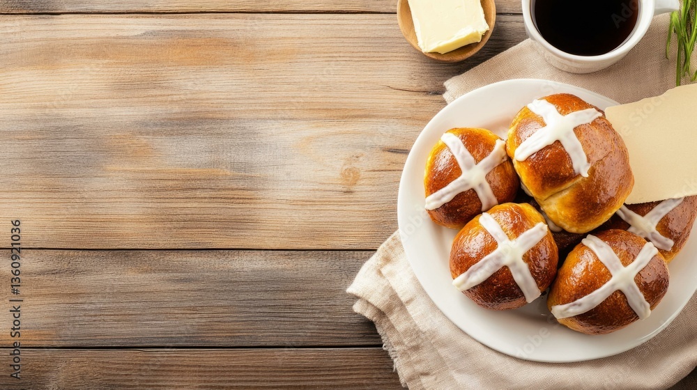 Easter hot cross buns on wooden table with butter and coffee, traditional English bakery breakfast scene Easter hot cross buns on wooden table with butter and coffee, traditional English bakery breakfast scene