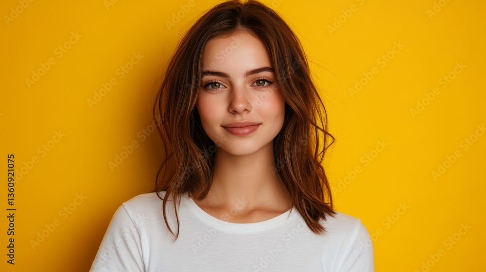 Fototapeta premium Young caucasian female smiling in white t-shirt against yellow background