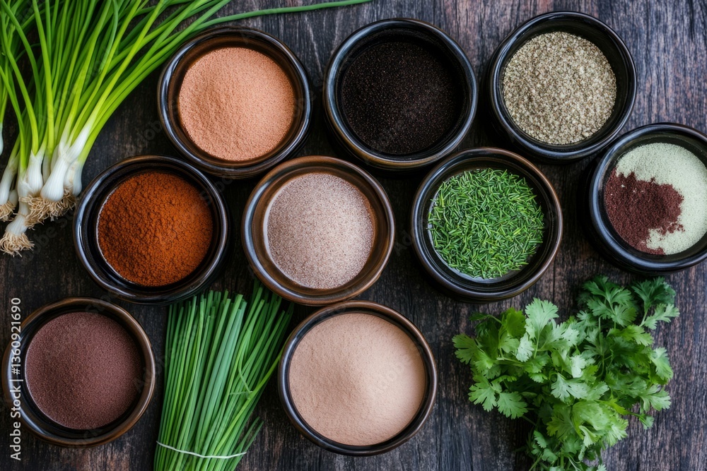 Assorted herbs and spices in bowls with fresh greens on rustic wooden background for culinary and food styling concepts Assorted herbs and spices in bowls with fresh greens on rustic wooden background for culinary and food styling concepts