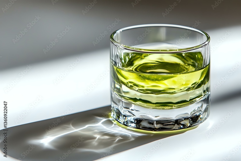 Glass of green absinthe or chartreuse liqueur with dramatic shadow on white surface, close up view in natural sunlight, minimalist drink photography. Glass of green absinthe or chartreuse liqueur with dramatic shadow on white surface, close up view in natural sunlight, minimalist drink photography.