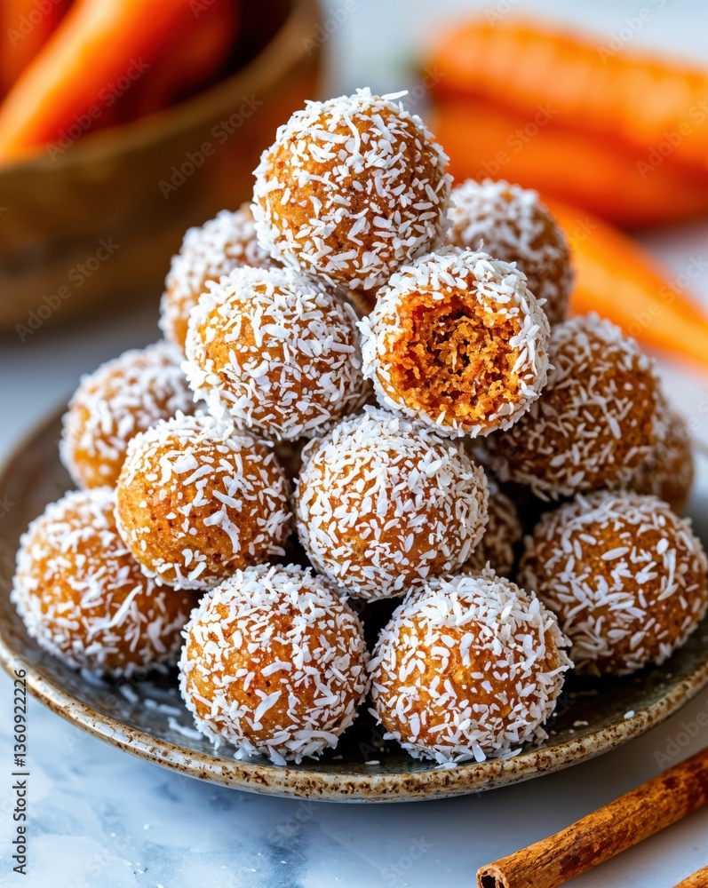 A beautifully arranged stack of coconut-coated carrot energy balls sits on a rustic plate, surrounded by fresh carrots and a hint of cinnamon, showcasing a healthy treat.