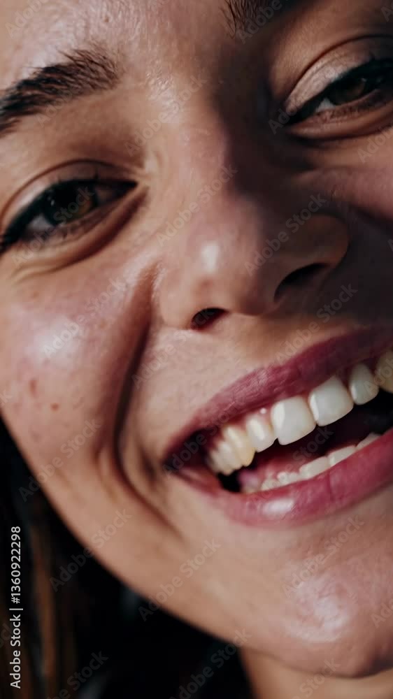 Close-up video of a smiling woman's face, capturing her eyes and expression. The angle is direct, emphasizing an intimate and engaging style. Live mobile wallpaper. Close-up video of a smiling woman's face, capturing her eyes and expression. The angle is direct, emphasizing an intimate and engaging style. Live mobile wallpaper.