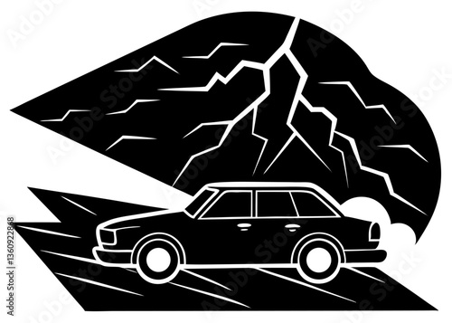 A vehicle caught in a storm: A sleek, black sedan navigates a perilous storm, depicted in a stark monochrome illustration with lightning illuminating the sky.
