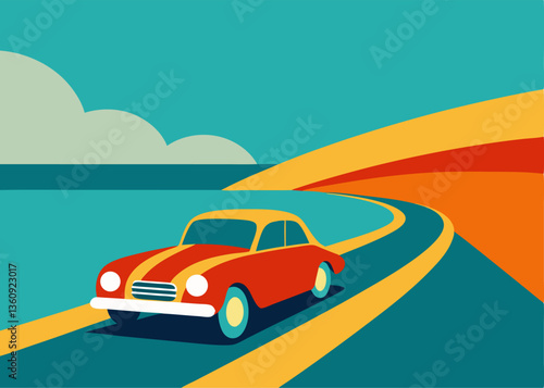 Retro Ride on a Coastal Road: A vibrant illustration showcases a classic vintage car cruising along a scenic coastal highway. The artwork evokes a sense of freedom, adventure.