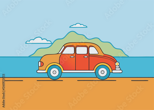 Vintage Car on a Coastal Road: A charming vintage car cruises along a scenic coastal road, framed by rolling hills, fluffy clouds, and the vast expanse of the ocean.
