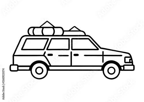Road Trip Ready: A detailed black and white line drawing captures a vintage station wagon packed and prepared for a road trip, emphasizing the anticipation and freedom of travel.