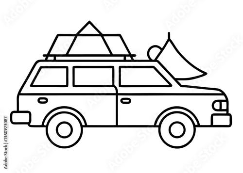 Adventure Mobile: A line art illustration of an automobile prepared for camping. Complete with a rooftop tent and other camping gear, it stands ready for exploration.