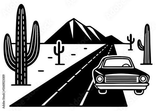 Journey on the Open Road: A classic car cruises along an endless highway through a desert landscape, framed by iconic cacti and rugged mountains.