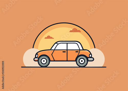Dreamy Sunset Drive: An orange car cruises toward the sunset, a perfect blend of nature's artistry and human ingenuity. Capturing the magic of travel.