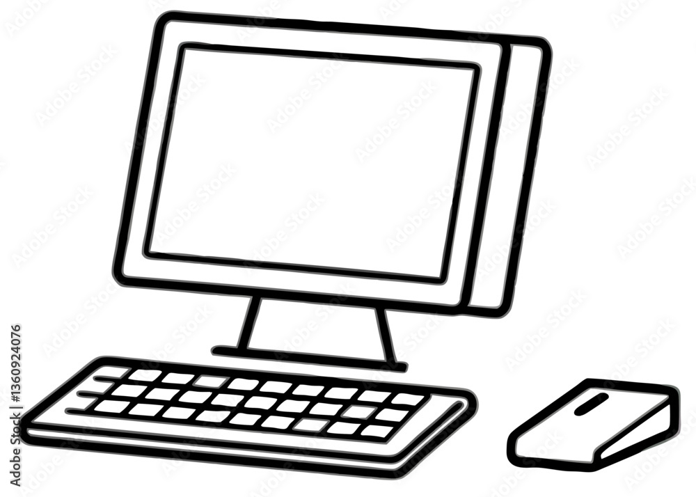 Digital Workspace: A minimalistic illustration of a computer setup, featuring a monitor, keyboard, and mouse, suggesting an efficient workspace. Digital Workspace: A minimalistic illustration of a computer setup, featuring a monitor, keyboard, and mouse, suggesting an efficient workspace.